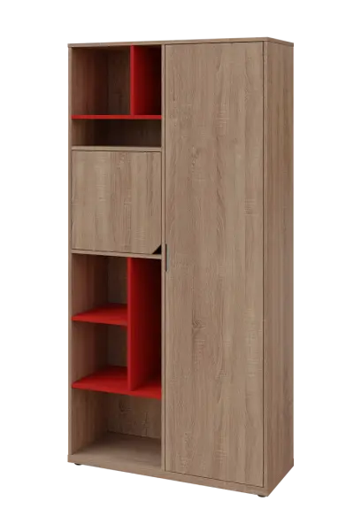 KSR6-83 P skříň šatní, 1x výsuvné ramínko, dvířka, niky, 2053x1022x400 mm, provedení pravé, korpus a dvířka dub bardolino/police červená